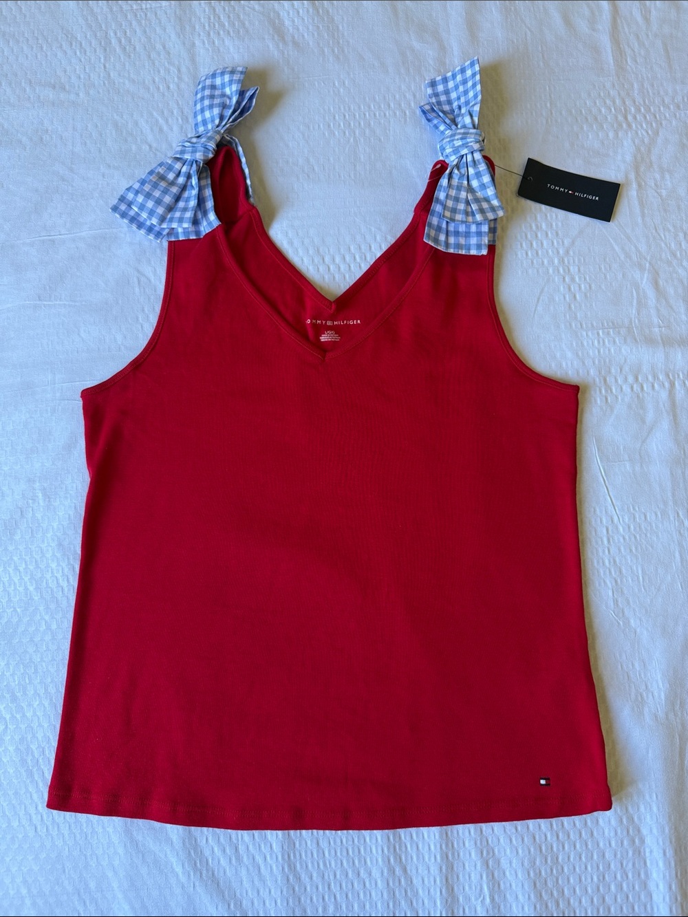 Tommy Hilfiger Red V-Neck Tank with Blue Gingham Tie Straps